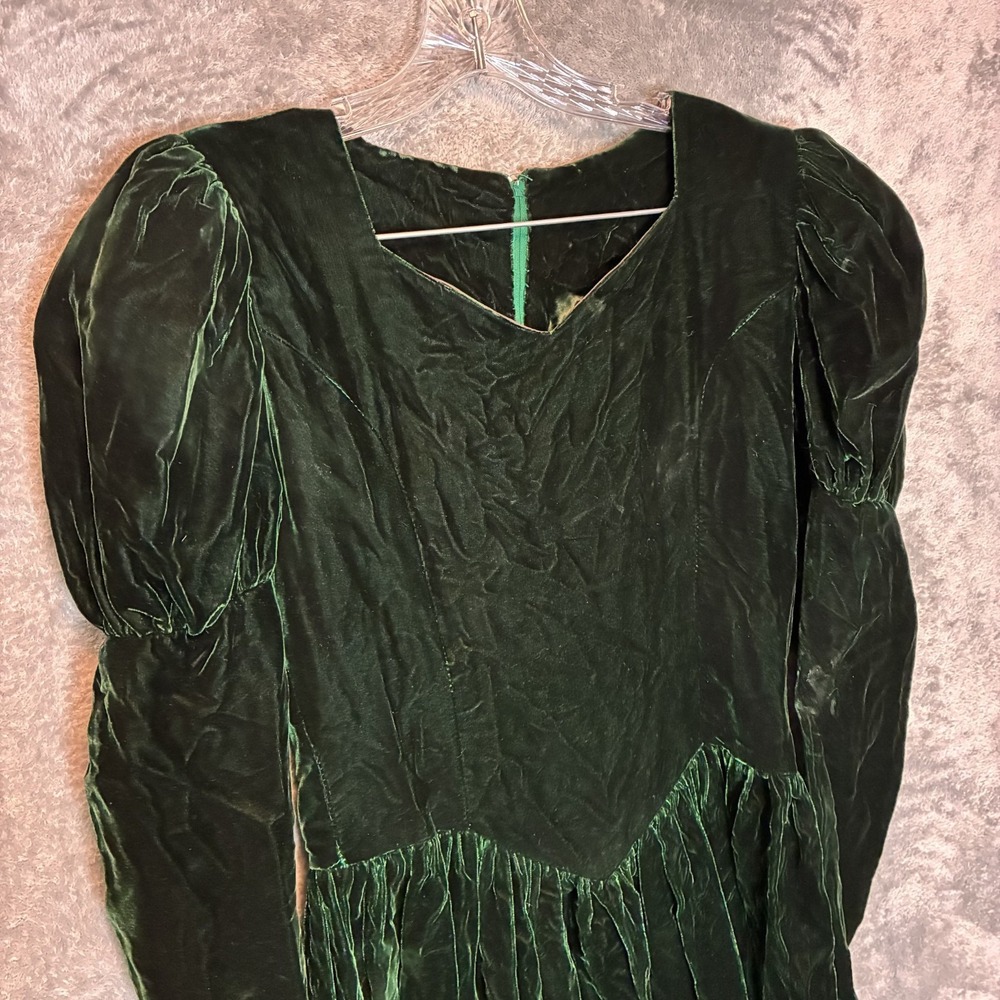 Womens Dark Emerald Green Velvet Midi Dress S* Victorian Edwardian Romantic Goth